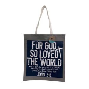 New Upcycled Hand Printed God So Loved the World John 3:16 Shopper Tote Bag